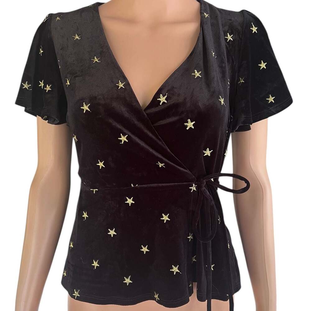 francesca's Black Velvet Star Embroidered Wrap Top Size XS